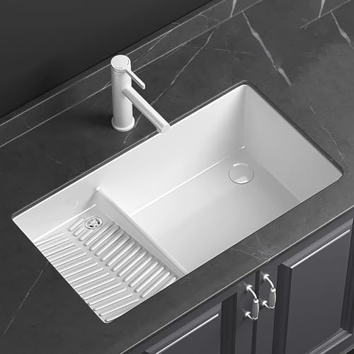Lavabo Baño de Cerámica Bajo Encimera, Lavadero Pila Exterior con Tabla de Lavar, Lavatorio Casa Banho, con Grifo Extraíble y Kit Drenaje, para Lavadero, Balcón, Baño(44x35cm/17.3x13.8in)