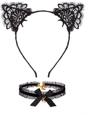 VelvetGlow Serre-tête Oreilles de Chat en Dentelle Noire & Collier en Dentelle avec Cloche Dorée Accessoires de Déguisement Carnaval Cosplay
