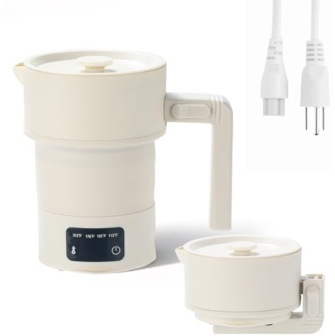 Portable Electric Kettle-600ML Collapsible Electric Kettle，600W Travel Water Boiler with 4-Temp Presets, Food Grade Silicone for Camping,Hotel, Office