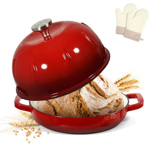 Davivy Forno olandese in ghisa smaltata, 5 l, per pane a lievitazione naturale, pentola olandese con coperchio a cupola – con guanti da forno, rosso ciliegia