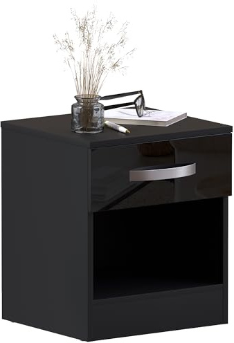 Vida Designs Hulio Comodino Lucido Nero, 1 Cassetto con Maniglie e Guide in Metallo, Supporto Unico Anti-Deformazione per Cassetti, Arredo per Camera da Letto