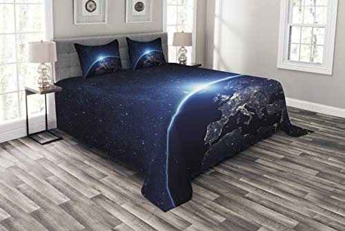 ABAKUHAUS Erde Tagesdecke Set, Planet aus dem Weltraum, Set mit Kissenbezügen Waschbar, für Doppelbetten 264 x 220 cm, Dunkelblau