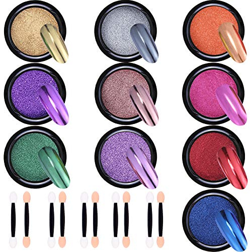 Duufin 10 Jars Nail Chrome Powder Metallic Mirror Effect Nail Powder 1g/Jar with 10 Pcs Eyeshadow Sticks, 10 Colours