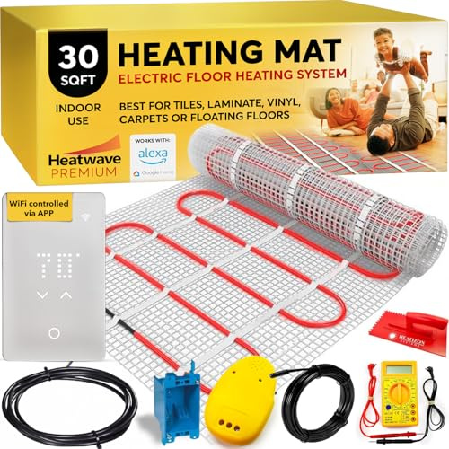 Premium Heated Floor System - 30 Sqft, 3 Amps, 360 Watts, 120V Underfloor Electric Heating System, Heated Floor Mat, Radiant Heaters with WiFi LED App Thermostat, Alarm, Multi-Meter & Accessories