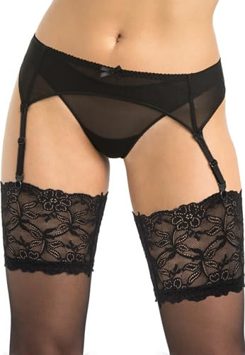 Teyli Porte Jarretelle en Maille - Porte Jaretelles Femme Avec Fermeture à Crochets et Œillets - Jarretières et Porte-jarretelles pour Femme Décoré de Nœuds Subtils Noir L