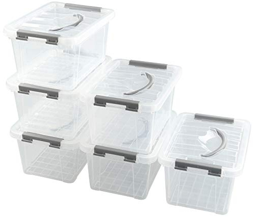 Farmoon 5L Plastic Storage Boxes, Clear Latching Container with Lid and Grey Handle, 6 Packs