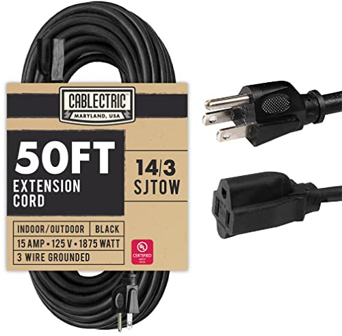 Cablectric 14 Gauge Extension Cord 50 Ft Outdoor - 14/3 Heavy Duty, SJTOW