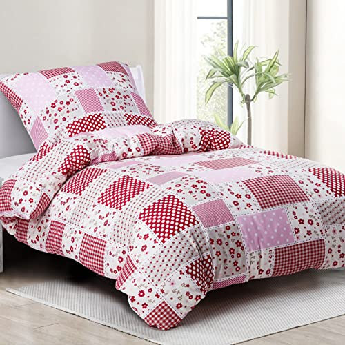 HENGWEI Bettwäsche-Set 135x200 cm, 100% Baumwolle Oeko-TEX Zertifiziert, Atmungsaktiv & kuschelig, mit Reißverschluss Bettbezug 135x200 + Kissenbezug 80x80, Karierte Blumen, 95 g/m²