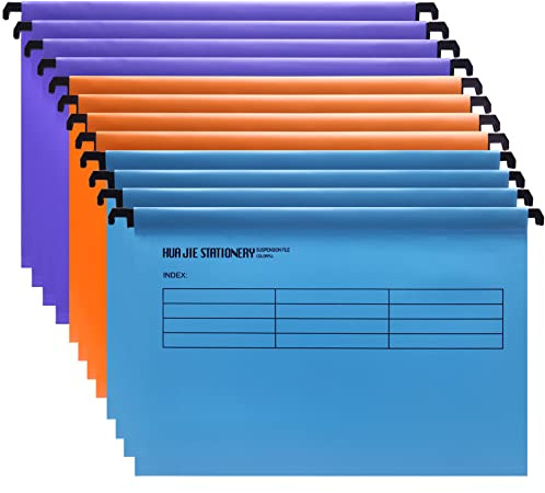 Hotyin Foolscap Cartelle Sospese (confezione da 12, 3 colori), Cartelle Sospese in Plastica con Linguette e Inserti per Etichette con Lettere, per Schedario, Organizzazione di File