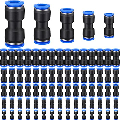 Konohan 100 Pcs Quick Connect Air Hose Fittings 1/8, 1/4, 5/16, 3/8, 1/2 Straight Push Metric Connectors Quick Release Plastic Pneumatic Air Line Fittings for Tube, Truck, Automotive, 2 Way