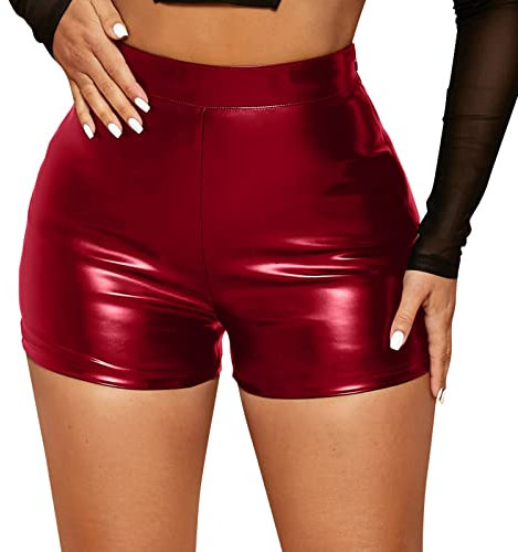 Damen Sexy Shorts Frauen Hotpants Karnevalskostüm Cosplay Festival Rave Pole Dance Outfit Damen Leder Shorts Wetlook High Waist Kurze Lederhose Skinny Lederoptik Leggins Hose Hotpants