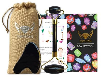 Crystali Gua Sha Set - Anti-Aging Gesichts-Massage Roller und Schaber - Gesunde, Schöne, Junge Haut - Schwarzer Obsidian aus Madagaskar