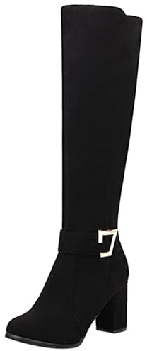 Joliss Donna Suede Knee Stivali con Fibbia Tacco a Blocco Stivali Alti Punta Rotonda Zip Stivali Alti Casuale Lady Stivali da Sera Nero-Houmao Numero 35 EU