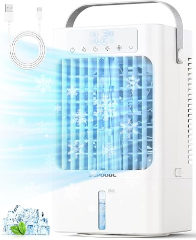 Climatiseur Mobile Mini,SUPOOBE Climatiseur Portable,4 en 1 Refroidisseur D'air Silencieux USB Ventilateur 900 ml,90° Oscillation,3 Vitesses de Ventilateur,2 Modes Brumisation Pour Chambre,Bureau