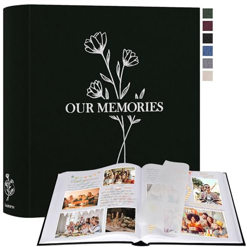 Lanpn Album Photo Scrapbooking, OUR MEMORIES Grand Lin DIY Album 160 Pages Blanches Avec Séparateurs de Cellophane, Pour Photos 9x13 10x15 13x18cm (Noir, 30x33,5cm)