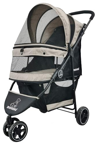 ROODO 3 Wheel Dog Pet Cat Stroller Best Lightweight Foldable Compact Portable Jogger All Terrain Travel Pet Gear Puppy Kitty Stroller for up to 30lbs Medium Small Dogs and Cats(Light Khaki)
