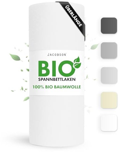 Jacobson Bio Spannbettlaken ÜBERLÄNGE 100x220cm Baumwolle Spannbettlaken, GOTS zertifiziertes Bettlaken, 160g/m² Jersey Spannbetttuch (100x220, Weiß)
