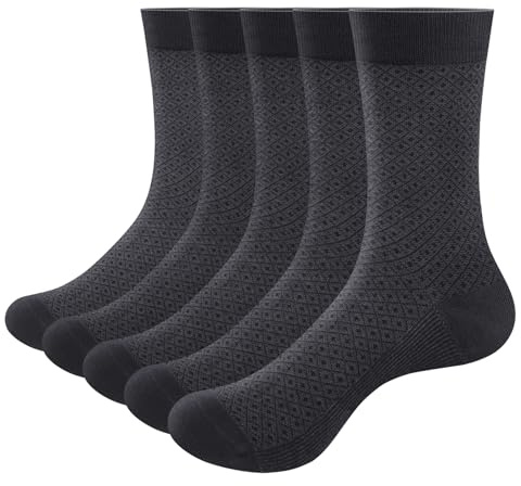 YUEDGE Men's Bamboo Socks, Breathable Anti-Odor Mid-Calf Black Casual Everyday Business Dress Socks, OEKO Certified, Size 6-10, 5 Pairs Multipack