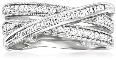Ross-Simons 0.33 ct. t.w. Round and Baguette Diamond Crisscross Ring in Sterling Silver. Size 7