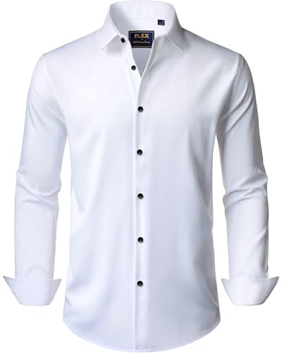 J.VER Men's Dress Shirts Stretch Long Sleeve Formal Shirt Solid Business Casual Button Down Shirts for Wedding Prom, White, Large