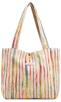 OrcoW Rainbow Tote Bag Striped Canvas Women’s Handbag Shoulder Bag for School Work Shopping Yoga Travel Beach Muticolor Canvas Bag Aesthetic Spacious Shoulder Bag for Women Girls