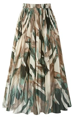 Kingfancy Women's Pleated Skirt Chiffon Elastic Waist A-Line Midi Length Skirt Green Leaves M
