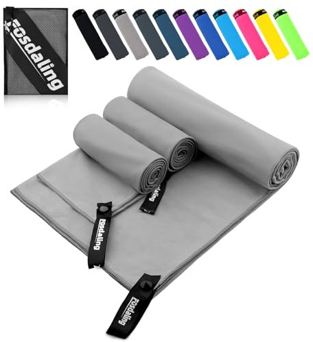 Fosdaling Mikrofaser Handtuch 3er Set - Groß 200×100cm & 2 Klein 80×40cm, Schnelltrocknend Microfaser Sporthandtuch, für Reisehandtuch, Badetuch, Fitness & Sport Handtücher und Strandtuch (Hellgrau)