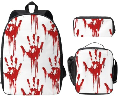 FEYUNYAN Lot de 3 sacs à dos d'école pour filles et garçons, sac d'école imprimé empreintes de mains sanglantes, sac à dos pour ordinateur portable de 38,1 cm, sac à déjeuner isotherme, trousse à