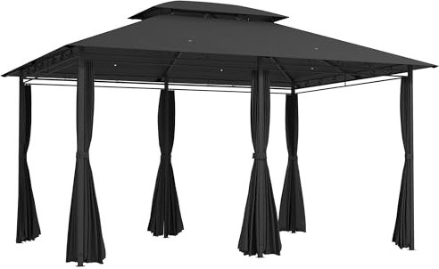 Outsunny 4m x 3(m) Garden Gazebo, Double Roof Outdoor Gazebo Canopy Shelter with Curtains, Solid Steel Frame for Patio, Garden, Black