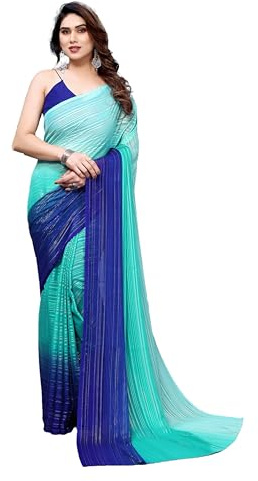 ETHNICMODE Indian Saree For Women Soft Satin Light Weight Party Wear Turquoise Sari With Unstitched Blue Blouse Piece-1107