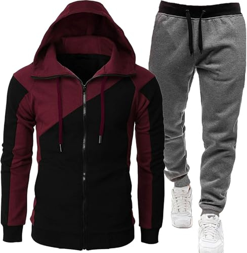 Genérico Conjunto de jogging 2024 Chándal para hombre Traje deportivo de dos piezas con capucha Casual Chándal deportivo Chaleco Chaqueta de entretiempo, Vino, M