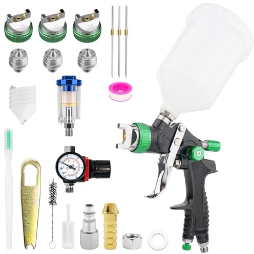 HVLP Lackierpistole Spritzpistole Kit mit 1,4/1,7/2,5mm, Farbspritzpistole Profi Lackierpistole Druckluft Schwerkraft Sprühgeräte mit 600 ml Plastikbecher Luftdruckregler für Autos & Haus (Grün)