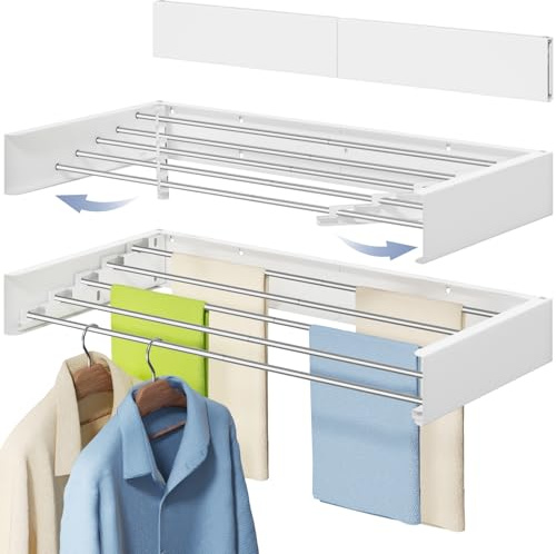 Vikaqi Wall Mounted Foldable Clothes Drying Rack, 32-Inch Wide, 5 Stainless Steel Rods, Space-Saving Laundry Drying Rack with Wall Template, White