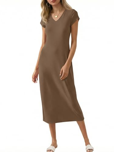 Wenrine Vestido Midi de manga corta para mujer, cuello en V, vestido largo, color liso, camiseta de verano