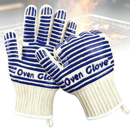 Extreme Heat Proof Gloves Oven Mitts, Oven Gloves with Fingers, 26cm | Five Finger Non-Slip Silicone Oven Gloves for Handling Hot Surfaces Cooking Baking and Fireplace Grilling, 350°C/662°F, Blue
