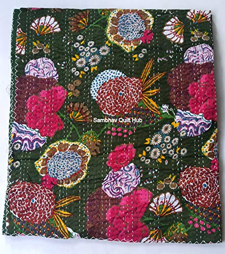Indische grüne Frucht Kantha Vintage Ethno Floral Baumwolle Frucht Kantha Quilt Tagesdecke Patchwork Stitch Decke Twin/Queen / California King Size (152,4 x 228,6 cm)