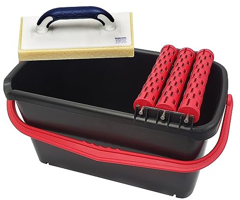 Karl Dahm Kit de Lavage avec Rouleaux - Seau 23L, 3 Rouleaux et Taloche Éponge Quadrillée I Kit de Lavage Noir-Rouge pour Carreleurs I Seau de Lavage Carrelage I Kit de Lavage de Carreaux Pro – 11986