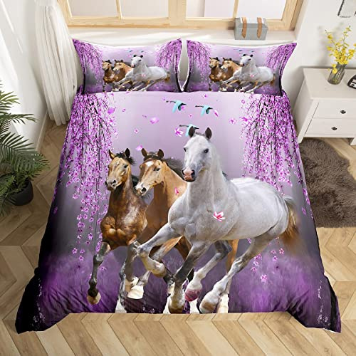 Loussiesd Ropa de cama de caballo para niñas 135x200 cm, diseño de caballos para niñas, ropa de cama infantil, color morado, lavanda, funda nórdica con diseño de animales, colección de dormitorio