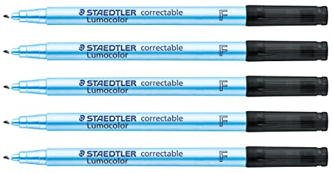 STAEDTLER Folienstift Lumocolor correctable, trocken abwischbar, Radierer am Stiftende, Linienbreite F 0,6 mm, lange Lebensdauer, für Overhead-Projektion geeignet, 5 schwarze Stifte, 305 F-9X