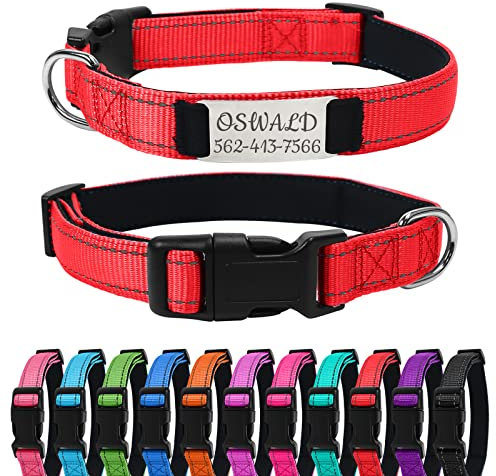 Uiopa Reflective Dog Collar with Name Plate, Personalised Dog Collars with Name & Phone Number, Adjustable Dog Collar for Small Medium Large Dogs, Medium Dog Collar Red