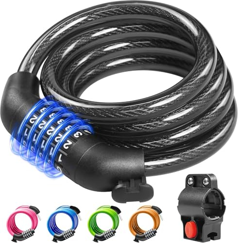 KEYSTP 5-Digit Bike Lock Cable, Heavy Duty Resettable Combination Bicycle Lock, Anti-Theft with Mounting Bracket, Waterproof Steel Cable for Scooters, E-Bikes, Outdoor Use, Black