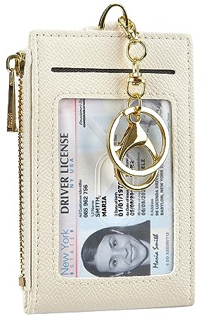 Cynure Kartenhalter für Damen und Herren, Leder, RFID-blockierend, schmal, klein, Reißverschluss, Schlüsselanhänger, Vordertasche, Geldbörse mit 2 Ausweisfenstern, Beige, Einheitsgröße, Minimalistisch