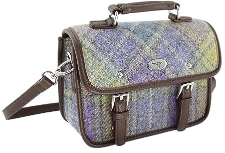 Glen Appin Harris Tweed Bervie Mini Satchel Bag With Adjustable & Removable Shoulder Strap (112 Lilac & Green Tartan)