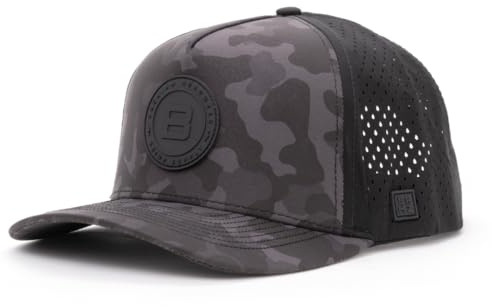 BRIMZ Outdoor Performance Hat - Breathable Sweat Resistant Fitness Hats - Best for Golf, Running, Workouts, Fishing, Exercise - Moisture-Wicking 5-Panel Baseball Cap Snapback (Dark Camo)
