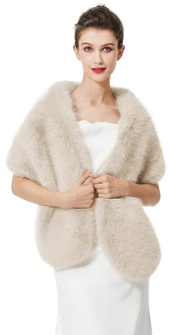 BEAUTELICATE Estolas para Bodas Fiesta Pelo Capa Poncho Invitada Boda Mujer Faxu Fur Shawl with Trim（Beige,talla única）