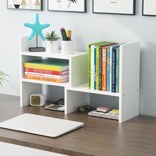 Dyserbuy Desk Shelf, Adjustable Desktop Bookshelf, Small Book Shelf, Desk Book Storage, Wooden Desktop Organiser for Office, Home, Study, White