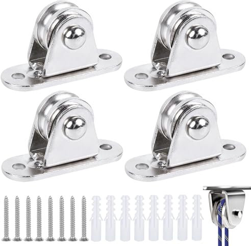 4 Stück Stehblock flaschenzug, Umlenkrolle mit Duplex-Lager, Seilrolle mit Kugellagern, Mit 8 Schrauben und 8 weißen Kunststoffhülsen, Stehblock flaschenzug für seile