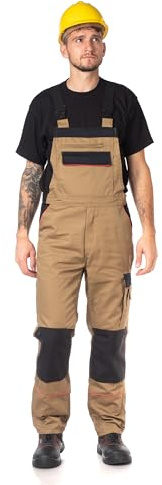 DINOZAVR Fortum Salopette De Travail Homme Avec Ceinture Élastique, Renforts CORDURA, 2 Poches Avant Et Poitrine, Poche Cargo, Renfort Genoux, Bretelles Élastiques, Salopette Homme Kaki 62