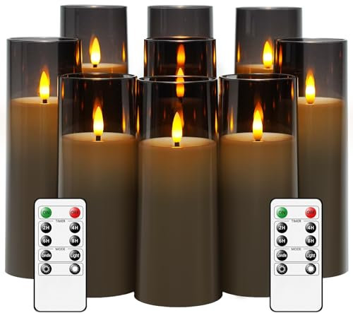JINYANIA LED Kerzen, Acryl Flackernde Flammenlose Kerzen, Batteriebetriebene Kerzen mit Fernbedienung und Timer, Stumpenkerzen Packung von 9 (D2.3 xH 5 6 7) für Home und Feste Decor（Grau）