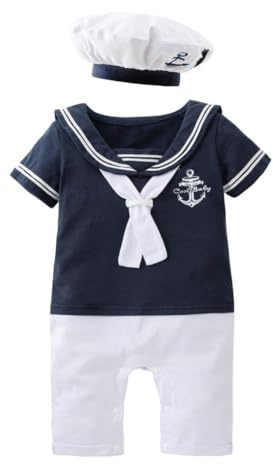 Lito Angels sjömansdräkt, kläder, utklädnad, sparkdräkt, bodysuit med mössa, hatt för baby, pojkar, vit, marinblå